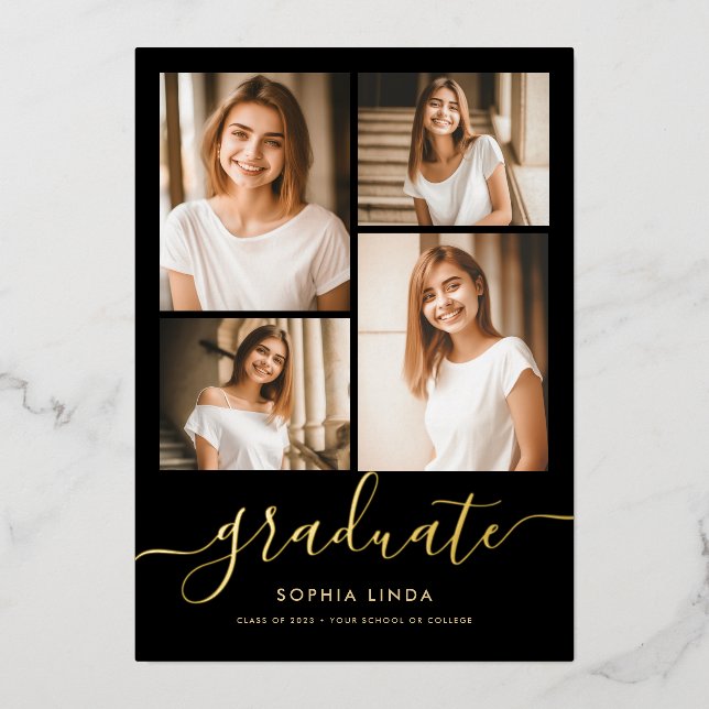 5 Photo Graduation Collage Elegant Black & Gold (Front)