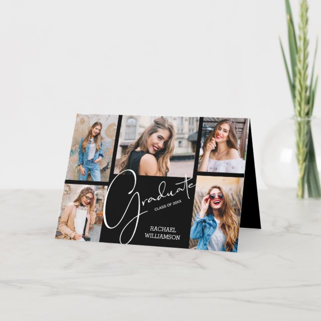 5 Photo Graduation Collage Folded Black Invitation (Front)