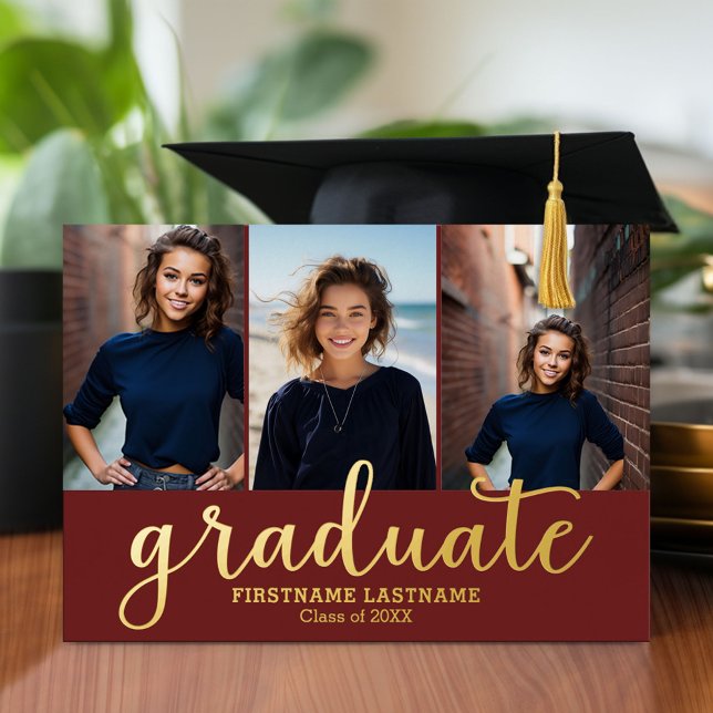 5 Photo Graduation Party Modern Script Gold (Graduation announcement and invitation with multiple photos)
