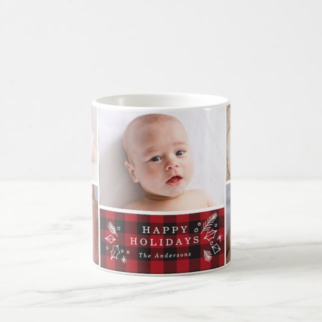 5 Photo Happy Holidays Buffalo Plaid Personalised Coffee Mug (Center)