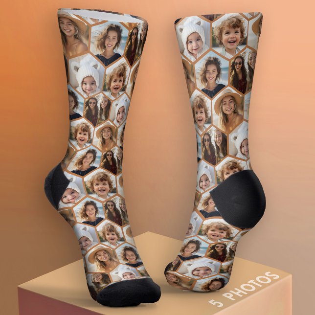 5 Photo Hexagon Honeycomb Pattern Collage Socks (Custom Photo Socks)