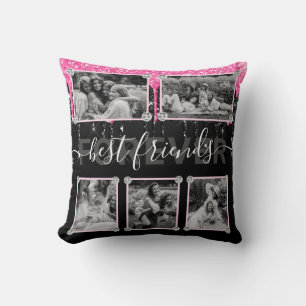 5 Photo Hot Pink & Black Glitter Best Friends Cushion
