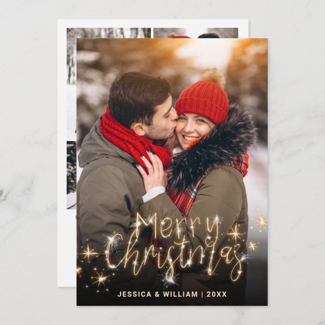 5 PHOTO Merry Christmas Gold Sparkle Greeting Holiday Card (Front/Back)