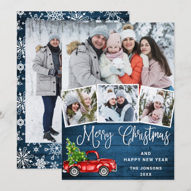 5 Photo Merry Christmas Red Farm Truck Holiday Card (Front/Back)