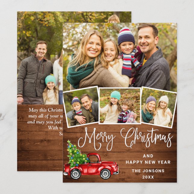 5 Photo Merry Christmas Red Farm Truck Holiday Card (Front/Back)