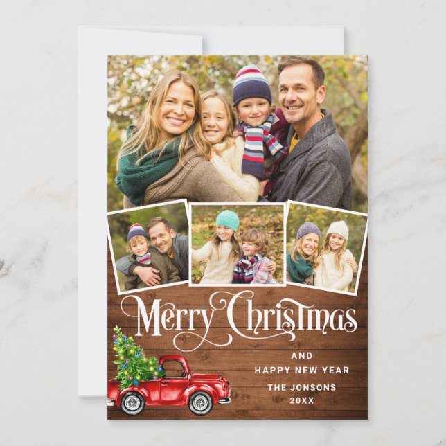 5 Photo Merry Christmas Red Farm Truck Holiday Card (Front)