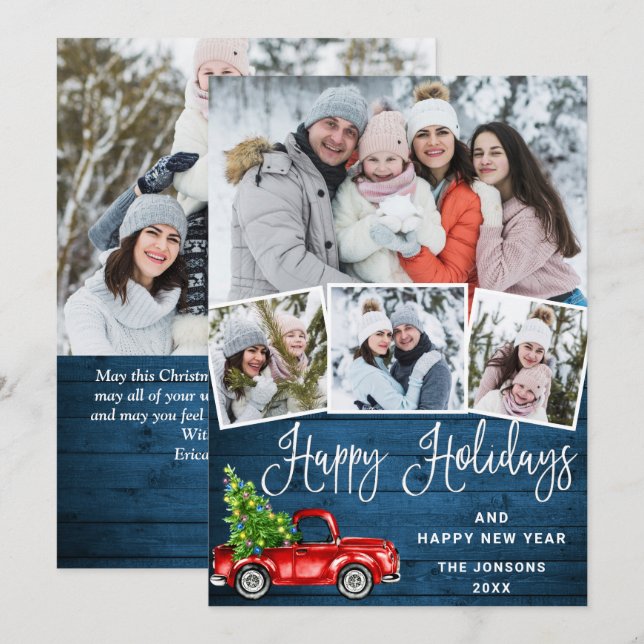 5 Photo Merry Christmas Red Farm Truck Holiday Card (Front/Back)