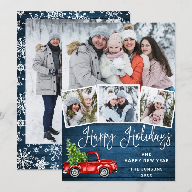 5 Photo Merry Christmas Red Farm Truck Holiday Card (Front/Back)