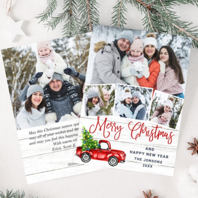 5 Photo Merry Christmas Red Farm Truck Holiday Card (Creator Uploaded)