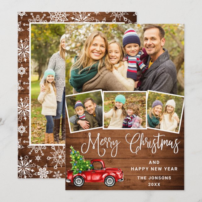 5 Photo Merry Christmas Red Farm Truck Holiday Card (Front/Back)