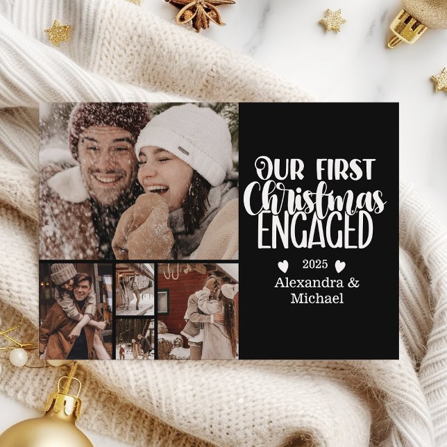 5 Photo Minimalist First Christmas Engaged Holiday Card (Creator Uploaded)