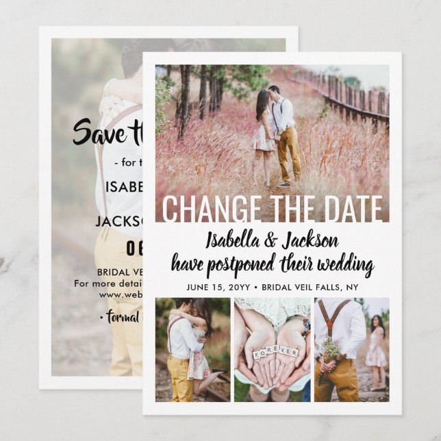 5 Photo Modern Minimal Wedding Postpone | Change | Save The Date (Front/Back)