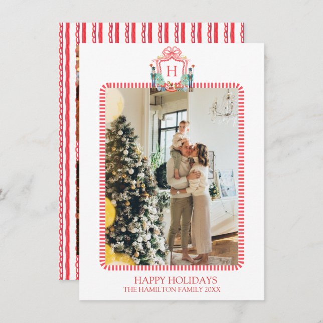 5 Photo Nutcracker Monogram Photo Grandmillennial Holiday Card (Front/Back)