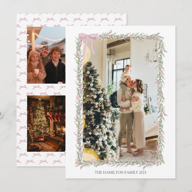 5 Photo Pink Bow Green Garland Christmas Photo  Holiday Card (Front/Back)