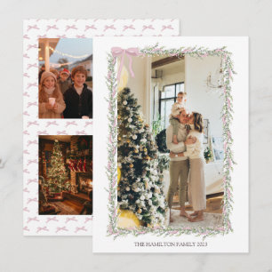 5 Photo Pink Bow Green Garland Christmas Photo Holiday Card