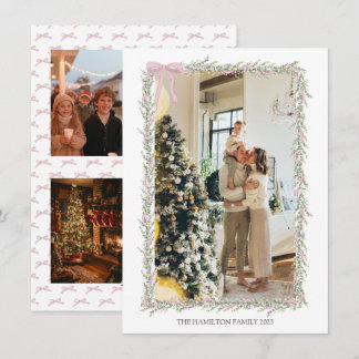 5 Photo Pink Bow Green Garland Christmas Photo Holiday Card