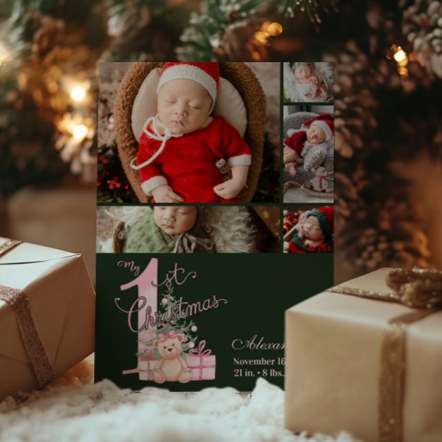 5 Photo  Pink Green Baby First Christmas Holiday Card (Creator Uploaded)