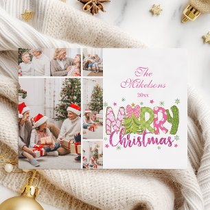 5 Photo Pink Green Bow Tree Merry Christmas Holiday Card