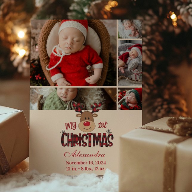 5 Photo Plaid Reindeer Baby First Christmas  Holiday Card (Creator Uploaded)
