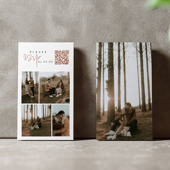 5 photo portrait rsvp QR Code enclosure card (Modern RSVP card with four-photo collage, QR code, and elegant script on white background.)