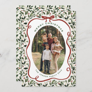 5 Photo Retro Christmas Hand Drawn Red Bow Ribbon Holiday Card