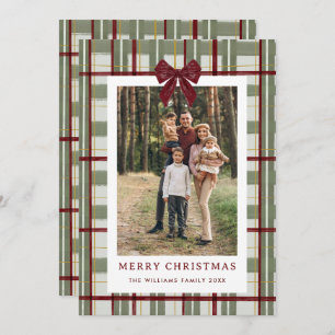 5 Photo Retro Christmas Red Bow Green Plaid Holiday Card