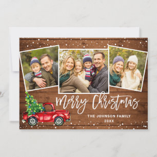 5 PHOTO Retro Christmas Red Truck Rustic Greeting Holiday Card