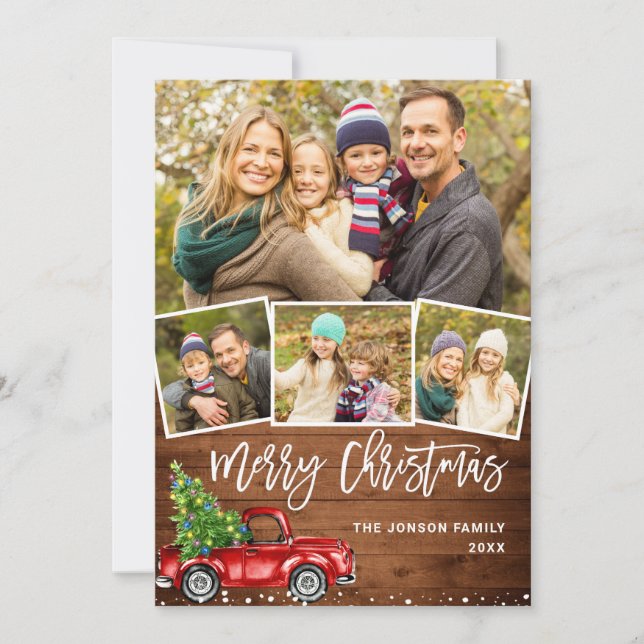 5 PHOTO Retro Christmas Red Truck Rustic Greeting Holiday Card (Front)