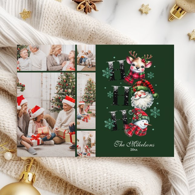  5 Photo Retro Gingham Santa & Friends Christmas Holiday Card (Creator Uploaded)