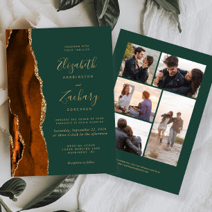 5-Photo Rust Gold Agate Dark Green Wedding Invitation