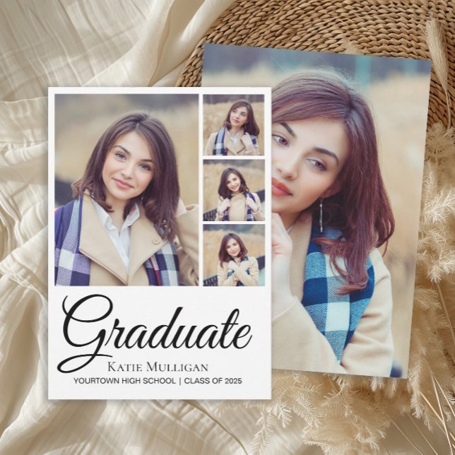5 Photo Script Editable Background Graduation Announcement (5-photo graduation announcement for high school or college graduates.)