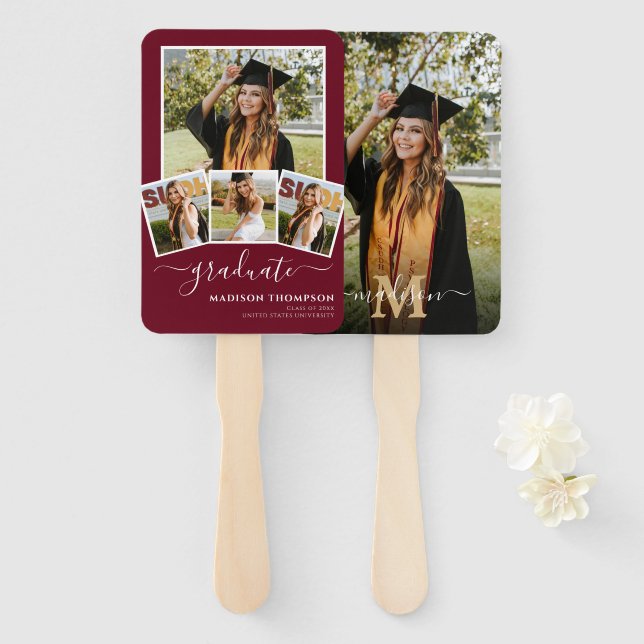 5 Photo Simple Graduate Burgundy White Hand Fan (Front and Back)