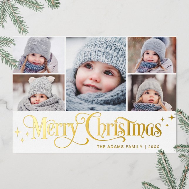 5 PHOTO Sparkle Christmas Greeting Gold Foil Holid Foil Holiday Card (Creator Uploaded)