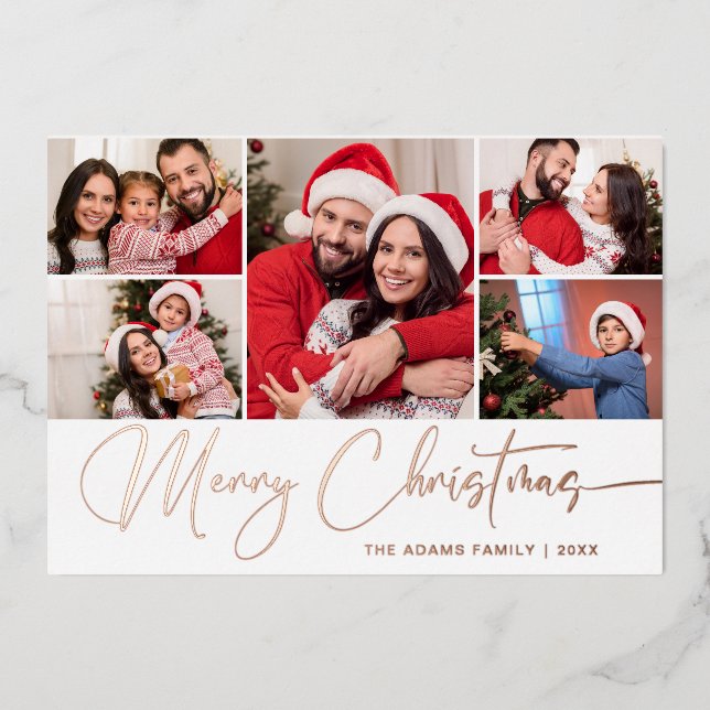 5 PHOTO Sparkle Christmas Greeting Rose Gold Foil Holiday Card (Front)