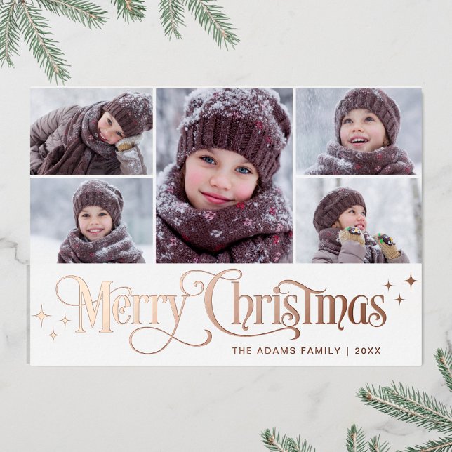 5 PHOTO Sparkle Christmas Greeting Rose Gold Foil Holiday Card (Creator Uploaded)