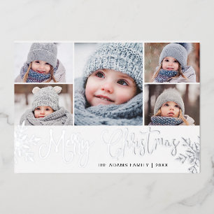 5 PHOTO Sparkle Christmas Greeting Silver Foil Holiday Card