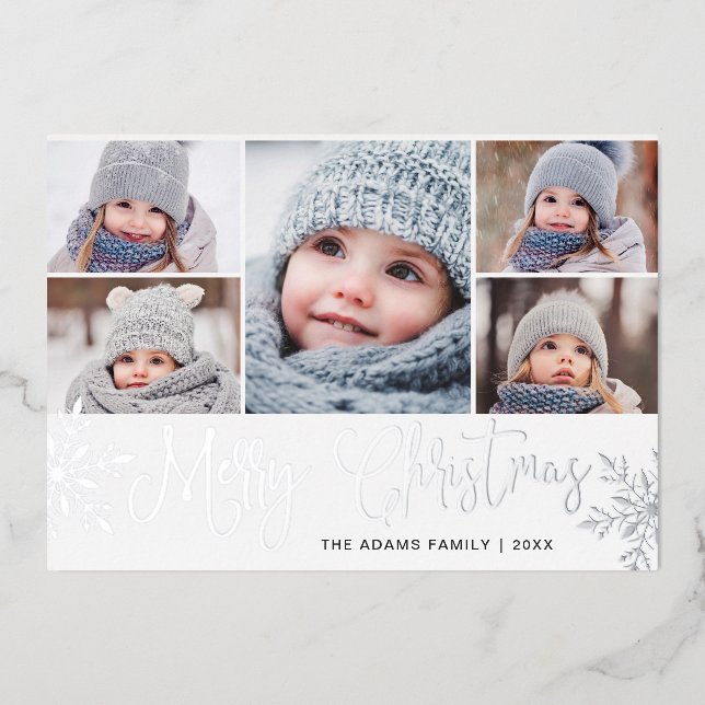 5 PHOTO Sparkle Christmas Greeting Silver Foil Holiday Card (Front)