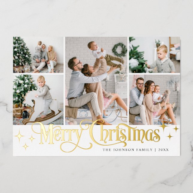 5 PHOTO Sparkle Merry Christmas Gold Foil Holiday Card (Front)