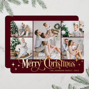 5 PHOTO Sparkle Merry Christmas Gold Foil Holiday Card