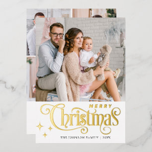 5 PHOTO Sparkle Merry Christmas Greeting Gold Foil Holiday Card