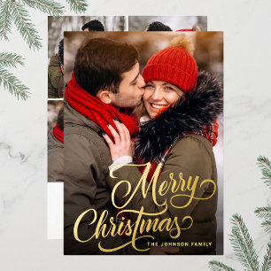 5 PHOTO Sparkle Merry Christmas Greeting Gold Foil Holiday Card