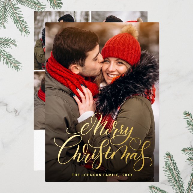 5 PHOTO Sparkle Merry Christmas Greeting Gold Foil Holiday Card (Creator Uploaded)