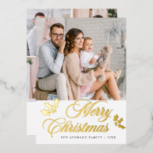 5 PHOTO Sparkle Merry Christmas Greeting Gold Foil Holiday Card