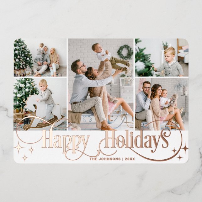 5 PHOTO Sparkle Merry Christmas Rose Gold Foil Holiday Card (Front)