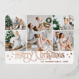 5 PHOTO Sparkle Merry Christmas Rose Gold Foil Holiday Card