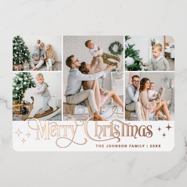 5 PHOTO Sparkle Merry Christmas Rose Gold Foil Holiday Card (Front)