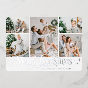 5 PHOTO Sparkle Merry Christmas Silver Foil Holiday Card