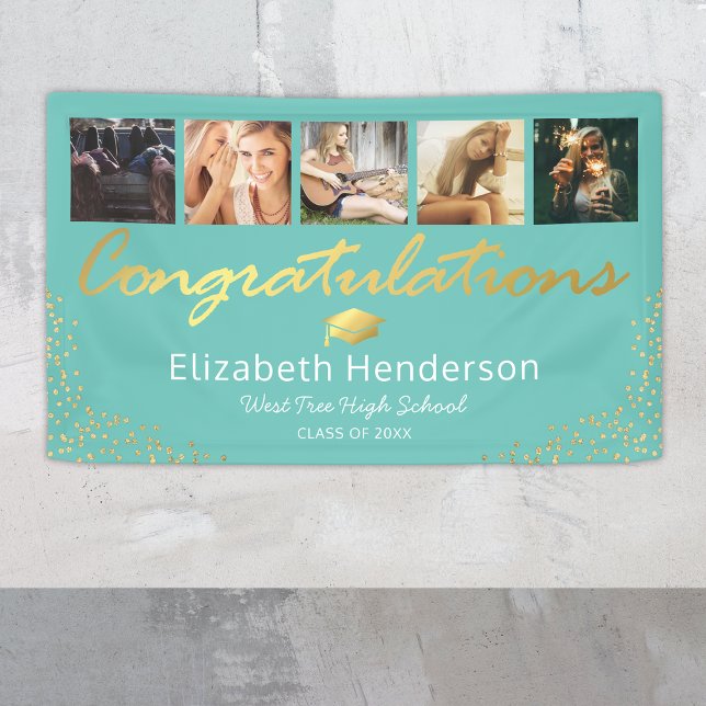5 Photo Teal Gold Graduation Party Banner (Creator Uploaded)
