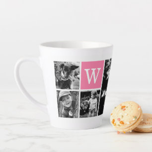 5-Photo Template Pink Monogram Latte Mug