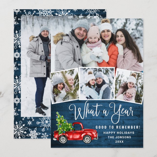 5 Photo What a Year Christmas Red Farm Truck Holiday Card (Front/Back)